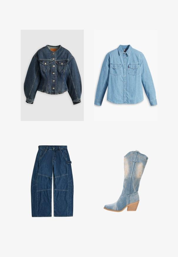 Levi's® SCULPTED TRUCKER - Spijkerjas - wonderlust no tack; Lichtblauwe spijker blouse met lange mouwen, puntige kraag, twee borstzakken, knoopsluiting en subtiele textuur. Geen zichtbare patronen.; Donkerblauwe wijde spijkerbroek met riemlussen, voorzakken en extra stikseldetails op de knieën en zijkanten.; Leren cowboylaarzen in lichtblauw met een spitse neus, textuur op de bovenkant en decoratieve gouden stiksels. Licht gebogen houten hak.