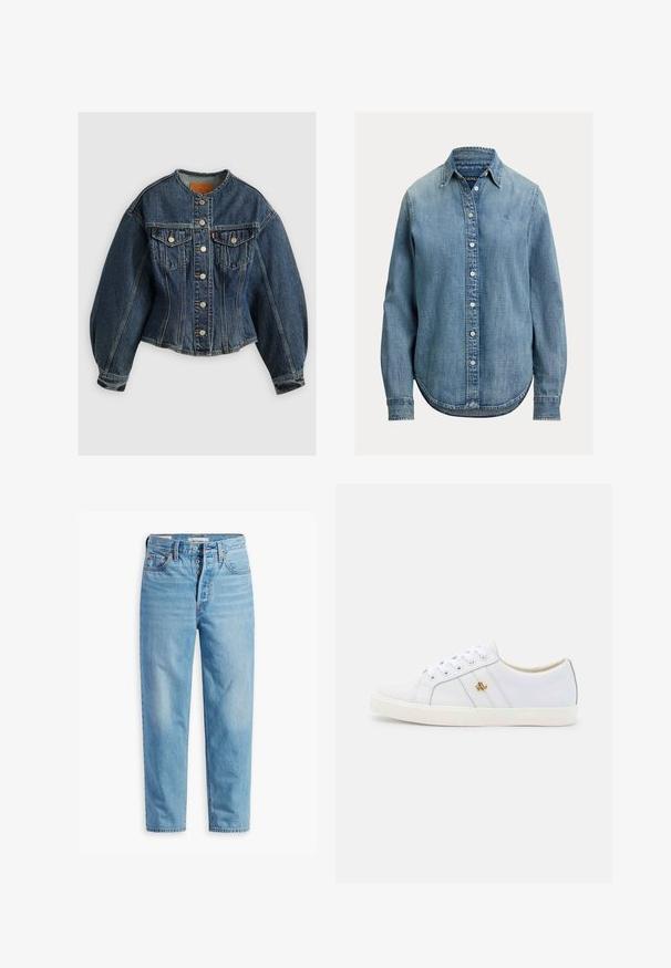 Levi's® SCULPTED TRUCKER - Jeansjacke - wonderlust no tack; Hellblaues Denimhemd mit langen Ärmeln, Knopfleiste und klassischem Kragen. Verfügt über einen abgerundeten Saum und eine dezente Textur.; Hellblaue hoch taillierte Jeans mit geradem Bein, Knopfleiste und Fünf-Taschen-Design, flach auf weißem Hintergrund dargestellt.; Lauren Ralph Lauren JANSON II ACTION LEATHER SNEAKER - Sneaker low - real white