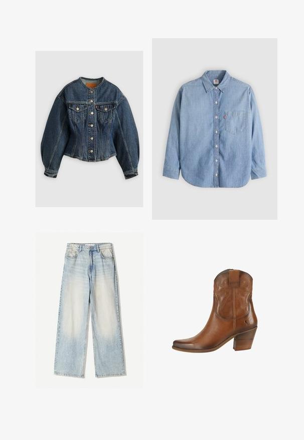Levi's® SCULPTED TRUCKER - Spijkerjas - wonderlust no tack; Lichtblauw denimoverhemd met een button-down kraag, borstzakje en lange mouwen. Heeft een afgeronde zoom en een subtiele textuur.; Lichtblauwe denim broek met een wijde pijp, featuring vijf zakken, subtiele vervaging en zichtbare stiksels langs de naden.; Felmini Cowboy-/Bikerlaarsjes - namibia