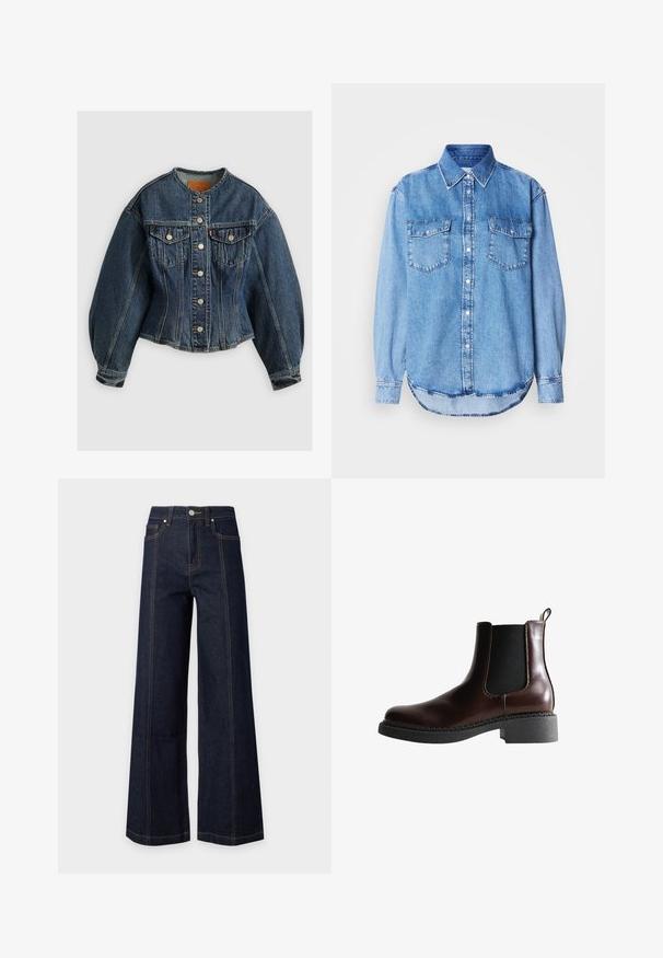 Levi's® SCULPTED TRUCKER - Spijkerjas - wonderlust no tack; Denimshirt met een lichtblauwe kleur, klassieke kraag, knoopsluiting aan de voorkant, twee borstzakken en een afgeronde zoom met stikseldetails.; Donkerblauwe jeans met hoge taille en wijde pijpen, met voorzakken, zichtbare naden en een knoop- en ritsluiting op een effen lichte achtergrond.; Bruine leren enkelboot met elastische zijpanelen, ronde neus en een gestructureerde zwarte rubberen zool. Heeft contrasterende stiksels en een lusje aan de achterkant.