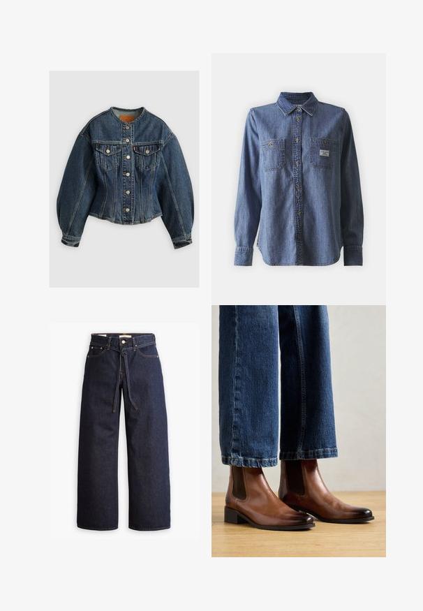 Levi's® SCULPTED TRUCKER - Spijkerjas - wonderlust no tack; Blauwe denim blouse met lange mouwen, voorzien van een button-down kraag, twee borstzakken, een klassieke pasvorm en een subtiele textuur. Etiket op de linker zak.; Wijd pijpjes donkerblauwe denim jeans met een hoge taille, voorzien van een trekkoord, vijf zakken en contrasterende stiksels.; Bruine leren enkellaarsjes met elastische zijpanelen, vierkante neus en lage blokhak, gedragen met blauwe jeans. Hardhouten vloer eronder.