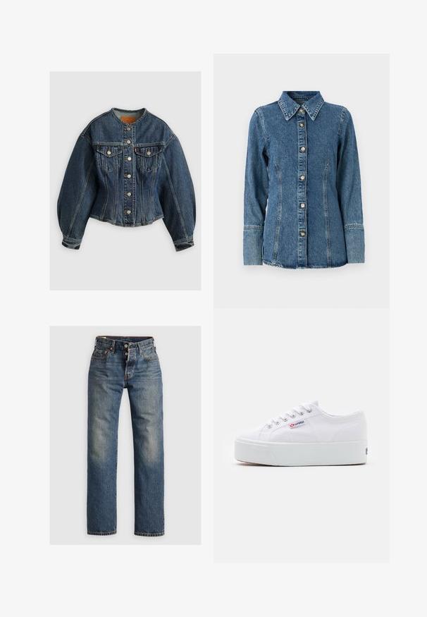 Levi's® SCULPTED TRUCKER - Denimová bunda - wonderlust no tack; Denimová košeľa v stredne modrej farbe, s klasickým golierom, dlhými rukávmi, zapínaním na gombíky a kontrastným prešívaním na švoch.; Modré denimové nohavice so strihom rovného nohu, pričom majú viditeľné švy, zips a päť vreciek. Vyblednuté miesta pridávajú textúru.; Biele plátenné tenisky s hrubou bielou platformou, okrúhlou špičkou a kovovými očkami na šnúrky. Logo značky zobrazené na boku.