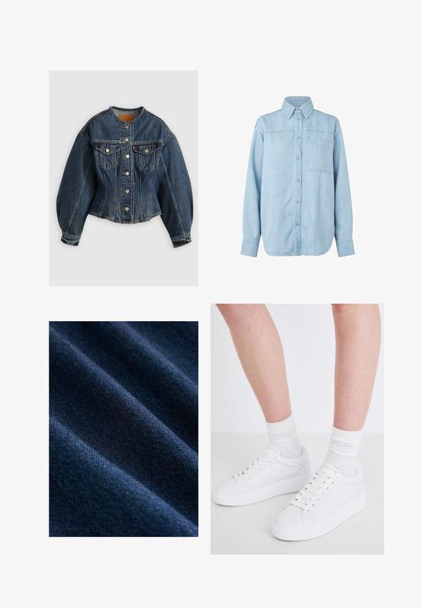 Levi's® SCULPTED TRUCKER - Spijkerjas - wonderlust no tack; Lichtblauwe denim overhemd met lange mouwen, knoopsluiting aan de voorkant, puntige kraag, enkele borstzak en subtiele verticale stiklijn details.; Donkerblauwe denimstof met een gladde textuur, met zichtbare diagonale weefpatronen en subtiele variaties in kleur en glans.; Copenhagen Studios CPH72 - Sneakers laag - white