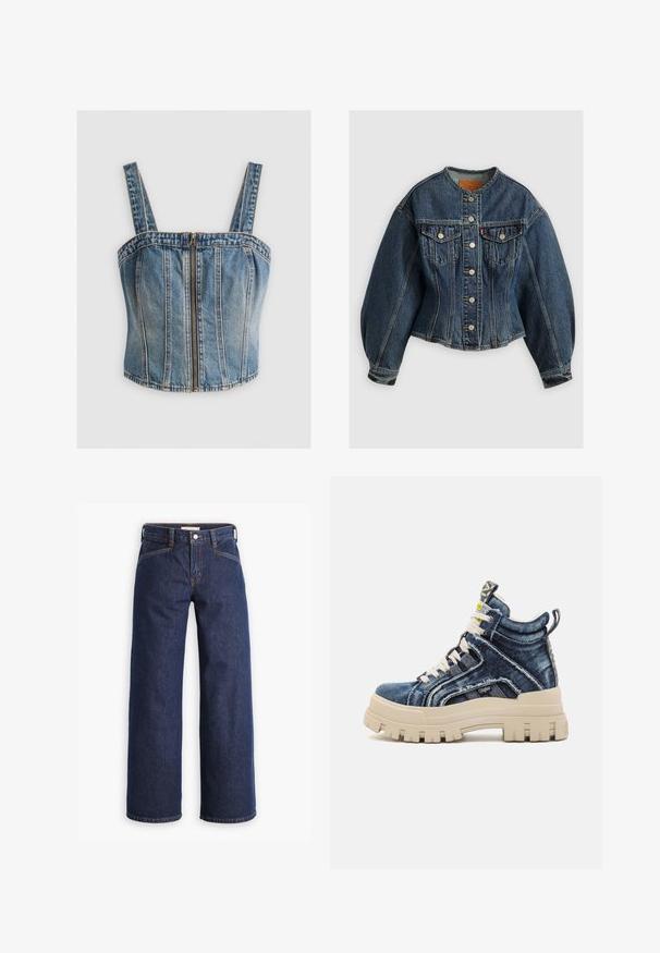 Levi's® SCULPTED TRUCKER - Chaqueta vaquera - wonderlust no tack; Top de mezclilla corto con tirantes anchos, que cuenta con un zipper frontal. Color azul claro con costuras verticales y un diseño ajustado.; Vaqueros de mezclilla azul oscuro con cintura alta, corte recto y discreta costura naranja. Presentan un cierre frontal con botón y cremallera.; Buffalo ASPHA MID - Zapatillas altas - blue