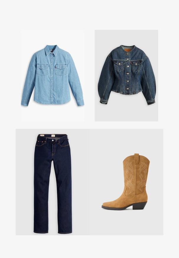 Levi's® SCULPTED TRUCKER - Denimová bunda - wonderlust no tack; Svetlomodrá džínová košeľa s dlhými rukávmi, špicatým golierom, dvoma náprsníkovými vreckami, zapínaním na gombíky a jemnou textúrou. Žiadne viditeľné vzory.; Tmavomodré rifle s rovnými nohavicami, oranžovým prešitím, piatimi vreckami a zapínaním na gombíky, položené na svetlom podklade.; Svetlohnedá semišová kovbojská čižma so špicatou špičkou, dekoratívnym prešívaním v tvaroch vírenia, stredným podpätkom a pútkom na ľahké obliekanie.