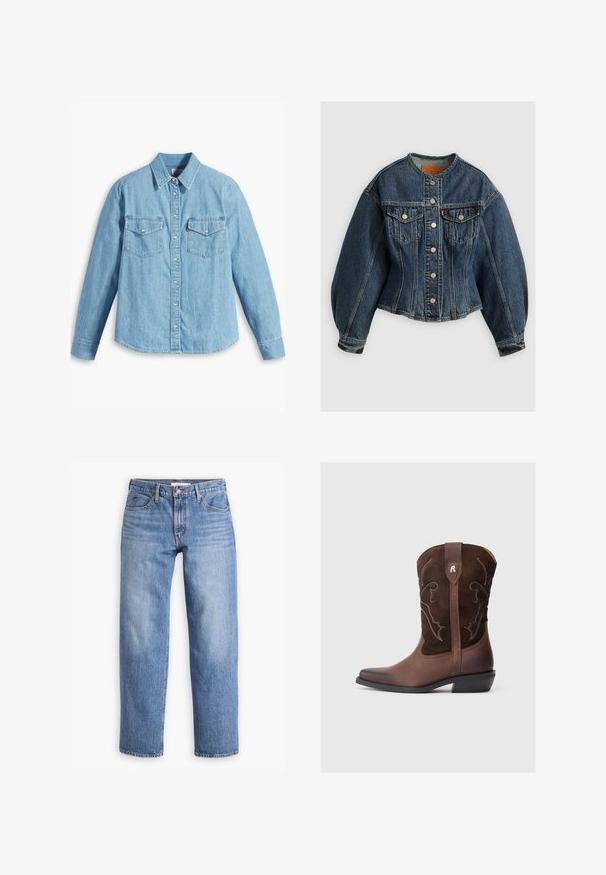 Levi's® SCULPTED TRUCKER - Teksajakk - wonderlust no tack; Heledad sinine teksast särk pika varrukaga, terava kraega, kahe rinna taskuga, nööbiplikaadiga ja peene tekstuuriga. Nähtavaid mustreid pole.; Heled sinised teksad sirge säärega, viie taskuga ja lukuga. Kangas on klassikalise struktuuriga pinnaga, millel on kerge tuhmidus.; Pruun nahast kauboi saabikas tekstureeritud seemisnahast pealmise osaga, valgete õmblustega, terava varba ja madala blokiausega kontsaga.