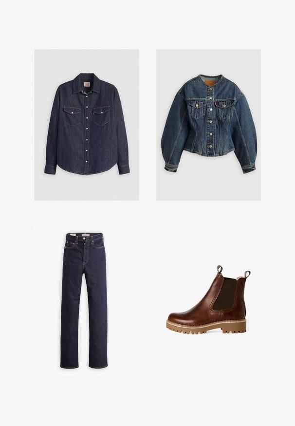 Levi's® SCULPTED TRUCKER - Jeansjacke - wonderlust no tack; Dunkelblaues Denim-Hemd mit langen Ärmeln, knöpfbarem Frontverschluss, zwei Brusttaschen mit Klappen und kontrastierendem gelben Stich.; Dunkelblaue gerade geschnittene Denim-Jeans mit fünf Taschen und sichtbaren orangefarbenen Nähten auf einem weißen Hintergrund.; Tamaris ELEGANTE MIT REMOVABLE SOCK - Ankle Boot - cognac