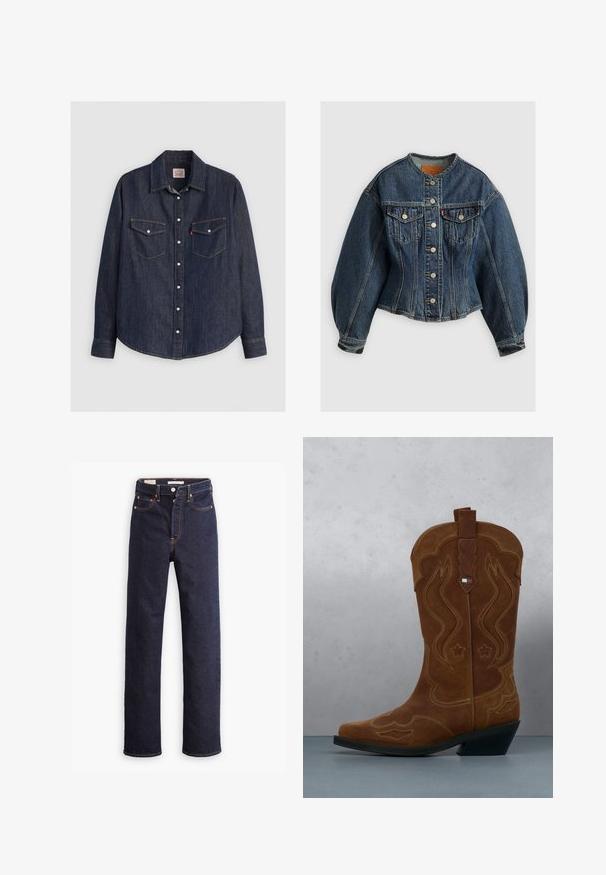 Levi's® SCULPTED TRUCKER - Teksajakk - wonderlust no tack; Tumedast sinisest denimpoolest särgist pikkade varrukatega, nööbid ees, kaks rinnaelukoti, millel on klapid, ja kontrastse kollase õmblusega.; Tumedad sinise sirgedega teksapüksid viie koti ja nähtava oranži õmblusega valgel taustal.; Pruun seemisnahast kassi saabas dekoratiivse õmbluse ja lipuembleemiga varrel, seisab välitingimustes puidust lattetest põrandal.
