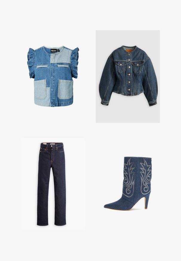 Levi's® SCULPTED TRUCKER - Veste en jean - wonderlust no tack; Haut en denim sans manches pour enfants avec épaules volantées, poches plaquées et panneaux contrastés bleu clair et bleu foncé.; Jean en denim droit bleu foncé avec cinq poches et coutures orange visibles sur un fond blanc.; Bottine en denim avec un bout pointu, un design incurvé, des coutures décoratives argentées et un talon aiguille de 8 cm. Bleu foncé avec une finition texturée.