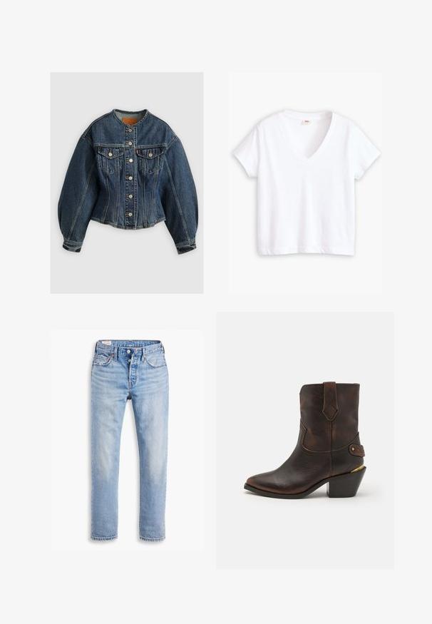 Levi's® SCULPTED TRUCKER - Cowboyjakker - wonderlust no tack; Hvid bomulds t-shirt med v-hals, korte ærmer og lige kant. Blød tekstur, minimalistisk design, ingen mønstre eller detaljer.; Lyseblå denimjeans med lige snit, to forlommer og knaplukning. Slidt struktur med let bleget område nær knæene.; Brune læder cowboystøvle med spids tå og stablet hæl. Har et dekorativt diamantmønster og en rem med hardware-detajle.