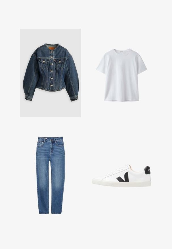 Levi's® SCULPTED TRUCKER - Veste en jean - wonderlust no tack; T-shirt blanc uni à manches courtes et col rond, en tissu doux, présenté sur fond blanc.; Jean en denim bleu avec une coupe straight, style cinq poches et une taille haute. Présente un léger délavage et des coutures contrastées.; Baskets blanches avec un logo V noir, présentant un dessus en cuir lisse, un bout rond, un système de laçage et un empiècement au talon noir contrastant.
