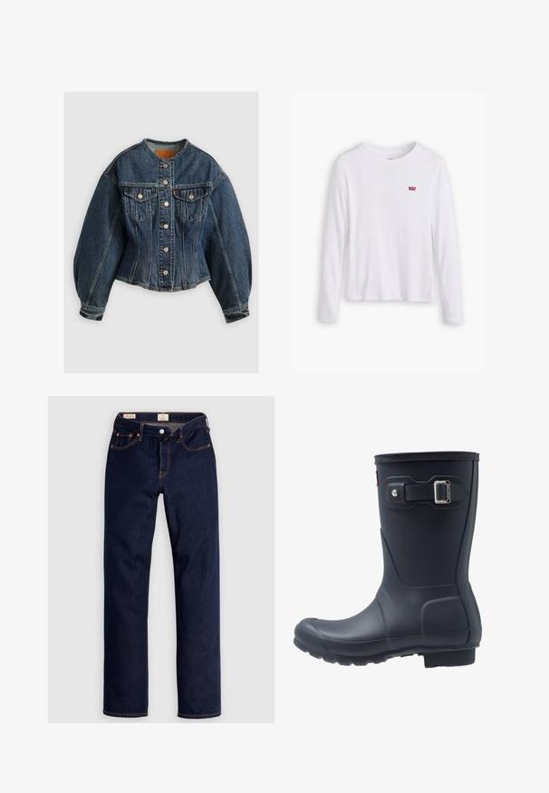 Levi's® SCULPTED TRUCKER - Spijkerjas - wonderlust no tack; Witte lange mouwen shirt van zachte katoen. Bevat een klein rood Levi's logo op de linkerborst. Klassiek ronde hals ontwerp.; Donkerblauwe jeans met rechte pijpen, oranje stiksels, vijf zakken en knoopsluiting, plat neergelegd op een lichte achtergrond.; Zwarte rubberen regenlaars met een ronde neus, textuurzool en verstelbaar riempje. Gladde oppervlakte met een matte afwerking.