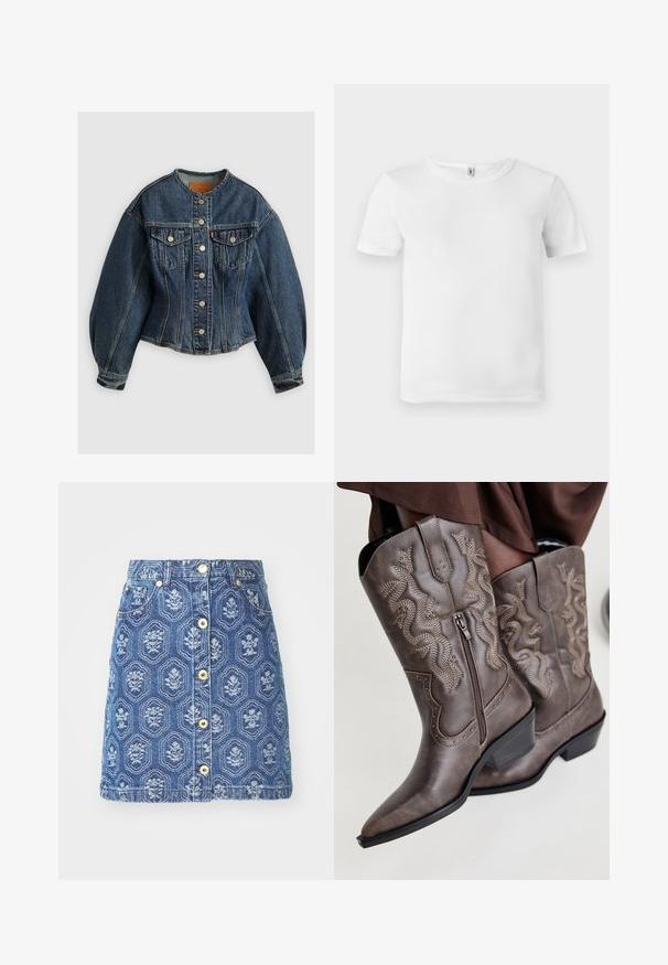 Levi's® SCULPTED TRUCKER - Jeansjacke - wonderlust no tack; Weißes T-Shirt mit kurzen Ärmeln und gerippter Textur. Klassischer Rundhalsausschnitt, keine sichtbaren Logos oder Muster und ein einfaches, schlichtes Design.; Denimrock mit einem blauen Blumenmuster, ausgestattet mit einem Verschluss vorne mit Knöpfen und Taschen, in A-Linie geschnitten und mit kontrastierenden Nähten.; Braune Leder-Cowboystiefel mit einer spitzen Zehenpartie, Seitenreißverschluss und einem strukturierten Schlangendesign in Beige, mit dekorativen Nieten entlang der Kanten.