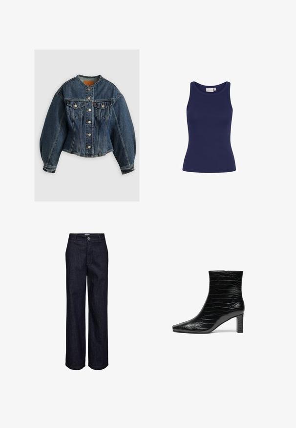 Levi's® SCULPTED TRUCKER - Denimová bunda - wonderlust no tack; Námornícky modrý rebrovaný tielko s okrúhlym výstrihom a slim fit strihom. Má mäkkú textúru a žiadne viditeľné hardvérové prvky alebo vzory.; Tmavomodré džínsy rovného strihu s gombíkom a zipsom na zapínanie, pútkami na opasok a viditeľnými detailmi švov.; Čierna členková topánka s špicatou špičkou, lesklým povrchom s krokodílovou textúrou a stredne vysokým štvorcovým podpätkom. Hladký, elegantný dizajn.