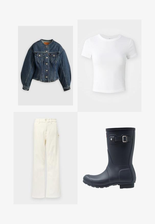 Levi's® SCULPTED TRUCKER - Spijkerjas - wonderlust no tack; Effen witte cropped t-shirt met korte mouwen en ronde hals, weergegeven op een neutrale lichte achtergrond.; Good American GOOD 90S CARPENTER - Wide leg - white denim; Zwarte rubberen regenlaars met een ronde neus, textuurzool en verstelbaar riempje. Gladde oppervlakte met een matte afwerking.