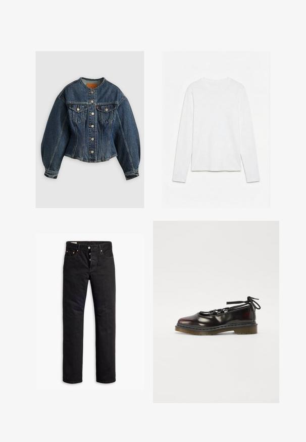 Levi's® SCULPTED TRUCKER - Chaqueta vaquera - wonderlust no tack; Camiseta blanca lisa de manga larga con cuello redondo, extendida sobre una superficie blanca, mostrando el frente y la longitud completa de la manga.; Vaqueros de denim negro con corte recto, diseño de cinco bolsillos y cierre de botón. Presenta remaches de cobre y detalles de costura.; Zapato brillante de color rojo oscuro con punta redondeada, diseño con cordones, suela de goma y cordones negros, que presenta herrajes plateados y bordes cosidos.