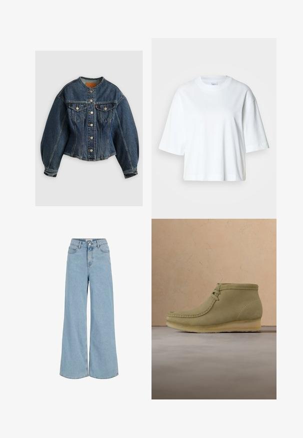 Levi's® SCULPTED TRUCKER - Veste en jean - wonderlust no tack; T-shirt blanc court à manches courtes, col rond, en coton doux, avec un design simple et épuré.; Jean denim bleu clair à jambes larges avec fermeture devant par bouton et zip, passants de ceinture et poches avant.; Bottines en suédine beige avec un bout arrondi, des coutures minimales, un petit talon et un laçage pour un ajustement réglable.