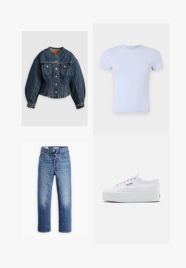 Levi's® SCULPTED TRUCKER - Spijkerjas - wonderlust no tack; Good American SUPER STRETCH BABY TEE - T-shirt basic - periwinkle; Blauwe denim jeans met een hoge taille, rechte pijpen en vervaagde delen. Voorzien van voorzakken en metalen details.; Witte canvas sneaker met een dikke witte platformzool, ronde neus en metalen oogjes voor veters. Merkl logo aan de zijkant weergegeven.