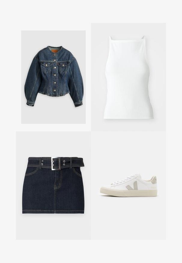 Levi's® SCULPTED TRUCKER - Jeansjacke - wonderlust no tack; Weißes, geripptes Tanktop mit dünnen Trägern, das ein enges Design und eine glatte Textur aufweist. Der Stoff wirkt elastisch und leicht strukturiert.; Dunkelblauer Denim-Minirock mit Vordertaschen, sichtbaren Nähten und einem breiten Gürtel mit großer silberner Schnalle.; Weiße Sneaker aus Leder mit grauen V-Logo-Akzenten, strukturiertem Gummiabsatz, weißen Schnürsenkeln sowie gepolstertem Zungen- und Knöchelbereich.
