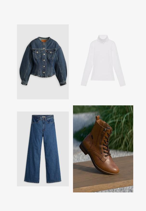 Levi's® SCULPTED TRUCKER - Spijkerjas - wonderlust no tack; Witte lange mouw turtleneck top gemaakt van glad, elastisch materiaal. Voorzien van een hoge kraag en een getailleerd ontwerp, zonder zichtbare patronen of versieringen.; Wijde blauwe denim jeans met een hoge taille, voorzien van een klassiek vijf-pocket ontwerp en een gestructureerde tailleband.; Bruine leren enkellaars met zijrits en veters, geplaatst op een houten oppervlak buiten met vervaagde groene achtergrond.