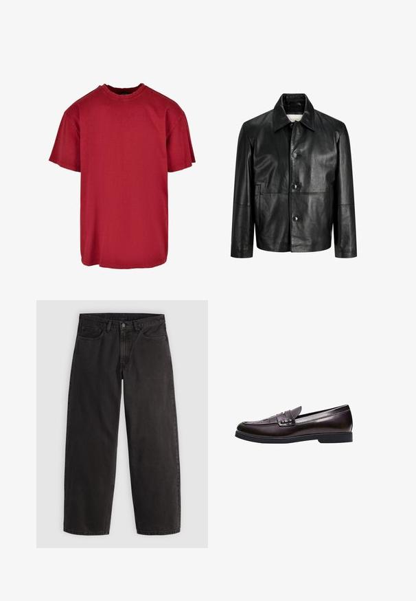 Schwarze Lederjacke mit Knopfleiste, klassischem Kragen, langen Ärmeln und Seitentaschen, vor weißem Hintergrund dargestellt.; Rotes Baumwoll-T-Shirt mit lässiger Passform, kurzen Ärmeln, rundem Halsausschnitt und abgenutzten Akzenten in der Nähe der Schultern. Keine sichtbaren Logos.; Schwarze gerade geschnittene Jeans aus Denim mit fünf Taschen und Gürtelschlaufen, flach auf einem einfarbigen hellen Hintergrund liegend dargestellt.; Dunkelbrauner Lederloafer mit niedrigem Absatz, abgesteppten Details an der Spitze und einem dekorativen Riemen über dem oberen Teil.