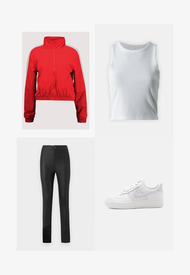 Chaqueta cortavientos roja con un cuello alto, cierre frontal y dobladillo elástico. Presenta rayas laterales blancas y una textura ligera y suave.; Top de tirantes blanco con textura acanalada, cuello redondo y diseño sin mangas, con un dobladillo recto y una textura suave y elástica.; Leggings negros hechos de un material elástico y suave con un diseño ajustado, que presentan un cierre frontal con botón y cremallera, y piernas rectas.; Zapatilla Nike Air Force 1 blanca de caña baja con cordones blancos, perforaciones en la puntera y panel de malla detrás del logo de Nike Swoosh.