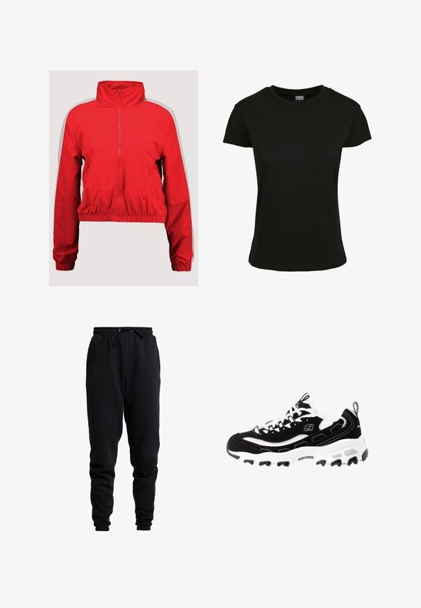 Rød vindjakke med høj krave, lynlås foran og elastisk kant. Har hvide side-striber og en let, glat tekstur.; Sort kortærmet t-shirt lavet af bomuld. Har en rund hals og en standard pasform med en glat tekstur. Ingen synlige mønstre eller accenter.; Sorte joggingbukser lavet af blødt stof, med elastisk talje og snøre, tætsiddende ben og ribbede forneden.; Sort og hvid atletisk sko med overdel i ruskind, polstret krave og let sål. Har fremtrædende logo og kontrasterende syninger.