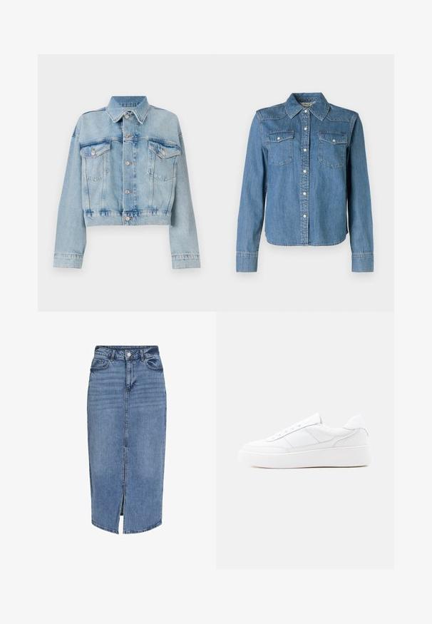Hele sinine denim jakker, millel on lühendatud disain, kaks rinna taskut, krae ja hõbedased nupud. Sujuv tekstuur ja juhuslik stiil.; Denim-särk on helesinise varjundiga, klassikalise kraega ning kahe rinnataskuga. Sellel on press-nupud ja pikad varrukad, millel on nupuga mansetid.; Heledsinine denim midi seelik, millel on ees lõhik, viis taskut, püksivööloop ning nööpidega kinnitamine vööl. Klassikaline lõige ja tekstuur.; Valge madala säärega toss, millel on paks tallaga, nööritav disain ja peened õmblused, ühtlasel heledal taustal.