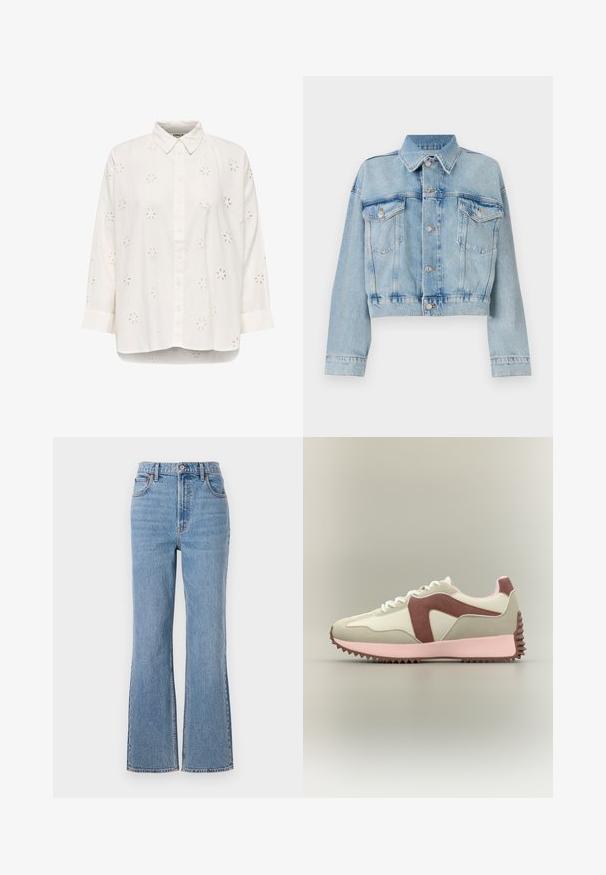 Lys blå denimjakke med et cropped design, der har to brystlommer, en krave og sølvfarvede knapper. Glat tekstur og afslappet stil.; Hvid skjorte med knapper, lange ærmer og blomsterformet udskæringsbroderi, krave og let rundet kant.; Abercrombie & Fitch FRONT TO BACK TONAL STRAIGHT - Jeans Relaxed Fit - blue denim; Sneakers med en overdel i hvid og lys beige, brune ruskindsdetaljer, pink mellemsål og tekstureret brun ydersål. Snørelukning med afrundet tå.