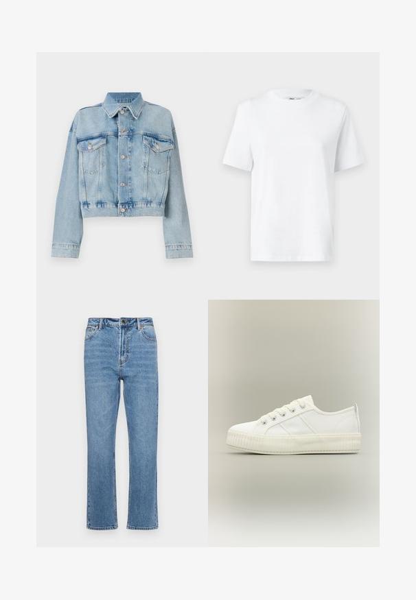 Veste en denim bleu clair au design court, dotée de deux poches poitrine, d'un col et de boutons argentés. Texture lisse et style décontracté.; T-shirt en coton blanc à col rond, avec des manches courtes et une texture lisse. Conçu avec une coupe décontractée pour plus de confort et de polyvalence.; Jean en denim bleu clair avec une coupe droite, cinq poches, fermeture à bouton à l'avant et décoloration subtile sur le tissu.; Baskets basses blanches avec semelle épaisse côtelée, lacets à l'avant et languette à l'arrière sur fond neutre.
