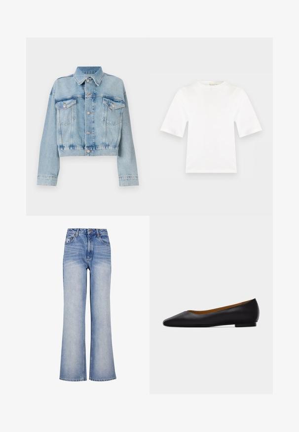 Chaqueta de denim azul claro con un diseño corto, que presenta dos bolsillos en el pecho, un cuello y botones en tono plateado. Textura suave y estilo casual.; Camiseta blanca de manga corta con cuello redondo, corte recto y textura de tela suave, mostrada sobre un fondo plano de color gris claro.; Jeans de mezclilla de un azul claro, de pierna ancha, con cintura alta, cierre de botón, un ligero desvanecimiento y un diseño clásico de cinco bolsillos.; Zapato plano de punta puntiaguda de cuero negro con tacón bajo y acabado liso, mostrado de perfil sobre un fondo gris claro.