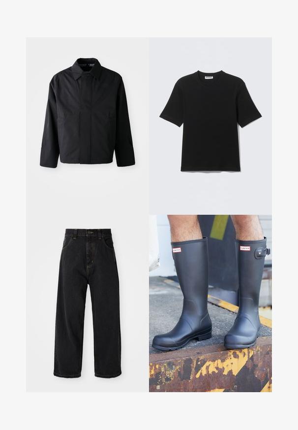Veste noire courte avec col évasé, deux poches avant et manches longues. Fabriquée dans un matériau lisse et léger avec un branding subtil.; T-shirt noir à manches courtes avec col rond, portant une étiquette "WEEKDAY" à l'intérieur du col, présenté à plat sur un fond clair.; Jeans en denim noirs à coupe large avec taille haute, bouton avant, fermeture éclair et surpiqûres jaunes sur les poches et les coutures.; Personne portant des bottes de pluie Hunter noires se tenant sur un bord métallique rouillé avec des marquages jaunes et noirs de précaution.