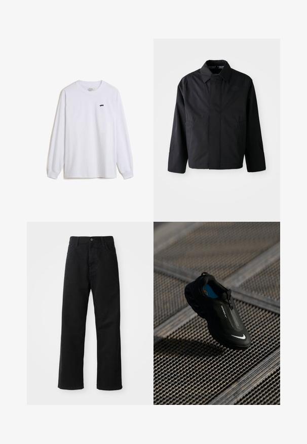 Chaqueta corta negra con cuello amplio, dos bolsillos frontales y mangas largas. Fabricada con un material suave y ligero con una marca sutil.; Camiseta de manga larga blanca hecha de algodón, con un pequeño gráfico de patineta negra en el lado izquierdo del pecho y puños acanalados.; Pantalones de mezclilla negros con corte recto, con bolsillos frontales, cremallera y un solo botón en la parte superior. Tejido texturizado con un acabado mate.; Zapatilla Nike Air Max negra con un diseño elegante, cierre de cremallera, parte superior texturizada y un logotipo blanco prominente en el lateral, ubicada sobre un fondo de rejilla.