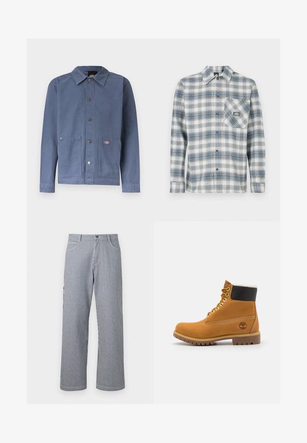 Veste bleue à boutons-pression avec col, deux poches avant, boutons-pression en métal et petit patch logo sur la poche droite.; Chemise à manches longues à carreaux gris, bleu et blanc. Dispose d'un col boutonné et d'une poche poitrine gauche avec un patch logo.; Pantalon à jambe droite à rayures verticales grises et blanches, avec poches avant et taille à fermeture boutonnée.; Bottine en cuir brun avec œillets en métal, doublure en fourrure blanche, col rembourré noir, semelle robuste et logo en relief sur le côté.