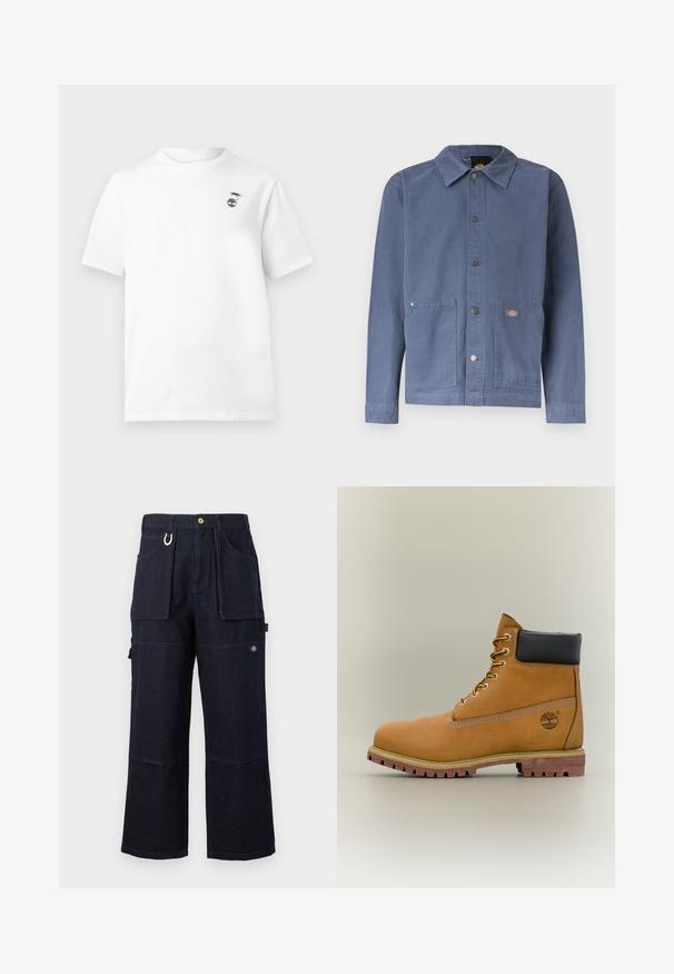 Veste bleue à boutons-pression avec col, deux poches avant, boutons-pression en métal et petit patch logo sur la poche droite.; T-shirt blanc à manches courtes avec col rond et petit motif noir d'une crevette au-dessus d'une plante sur le côté gauche de la poitrine.; Pantalon de travail en denim bleu foncé à jambes larges avec grandes poches avant et latérales, fermeture par boutons, et petite étiquette logo sur la cuisse.; Bottine en cuir marron avec col noir, lacets jaunes et semelle beige. Présente un logo et des détails de couture blanche. Semelle extérieure à traction robuste.