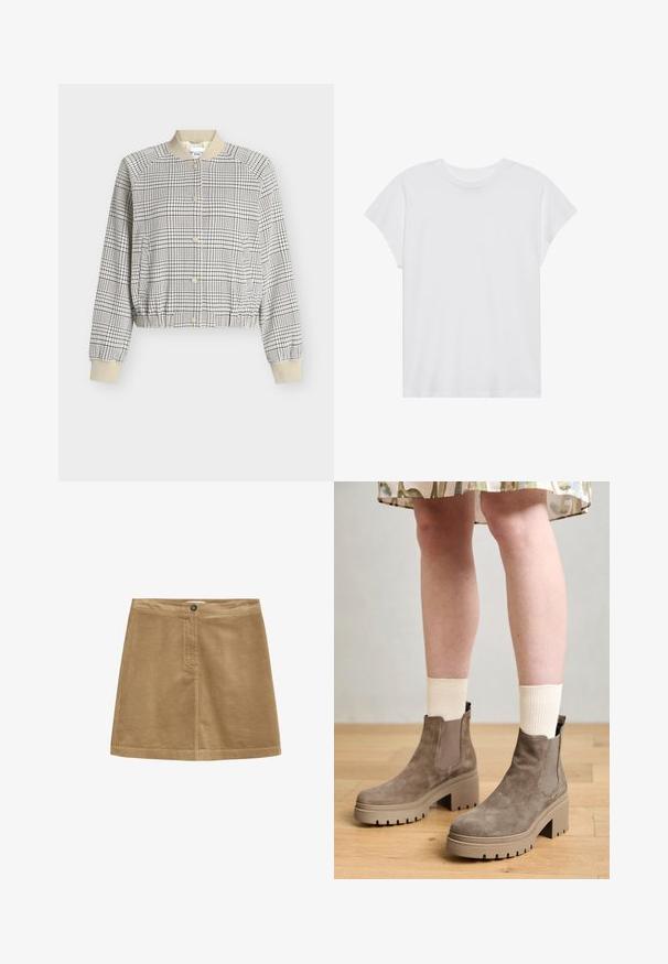 Korte bomberjack in beige met een zwart ruitpatroon. Voorzien van een geribde kraag en manchetten, en een knoopsluiting aan de voorkant. Gevoerd met een textuurstof.; Witte t-shirt met korte mouwen, ronde hals, relaxte pasvorm, gemaakt van zacht katoen. Glad textuur, geen patronen of logo's.; Bruine corduroy mini-rok met een knoopsluiting, met een verticale ribbelstructuur en een eenvoudig ontwerp. De zoom is recht en netjes afgewerkt.; Tamaris Enkellaarsjes met plateauzool - taupe