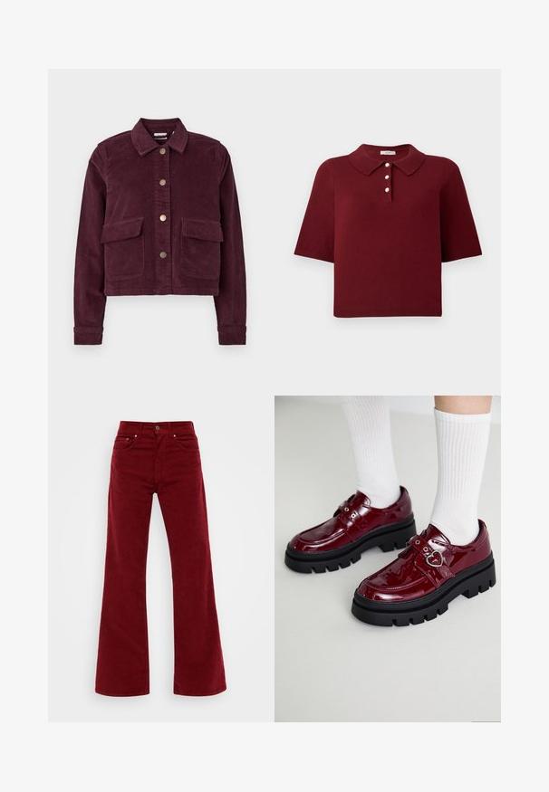 Veste en velours côtelé bordeaux avec col, cinq boutons-pression en laiton et deux poches avant. Tissu texturé avec manches longues et coupe raccourcie.; Polo en maille bourgogne avec manches courtes, col classique et patte de boutonnage à quatre boutons ronds blancs.; Jean en velours côtelé bordeaux évasé avec taille haute, cinq poches et fermeture à bouton sur le devant. Texture douce avec jambes larges.; Chaussures en cuir verni bordeaux avec une semelle noire épaisse, double sangle avec un détail en forme de cœur, et des chaussettes blanches à côtes. Design rétro avec une traction épaisse.