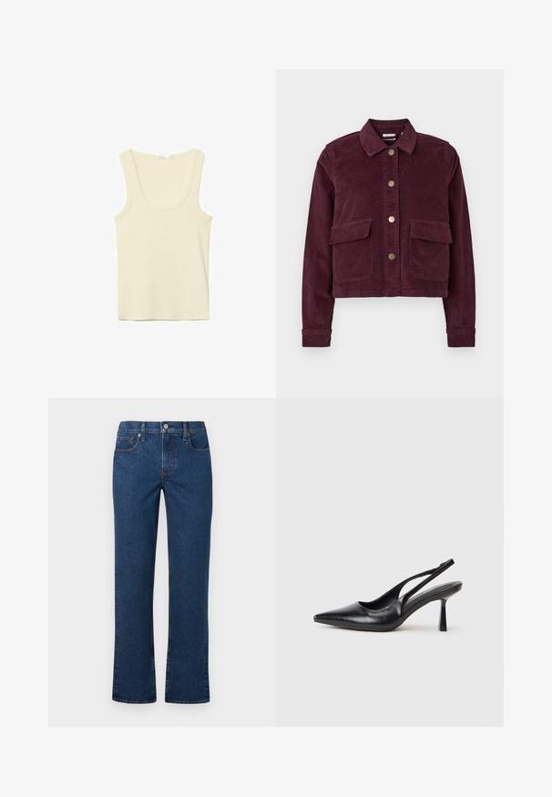 Veste en velours côtelé bordeaux avec col, cinq boutons-pression en laiton et deux poches avant. Tissu texturé avec manches longues et coupe raccourcie.; Débardeur sans manches couleur crème avec encolure dégagée et coutures simples, présenté sur un fond blanc.; Jean droit bleu foncé avec fermeture à bouton et zip, poches avant et poche à monnaie, ainsi que passants de ceinture, présentés à plat sur un fond blanc.; Chaussure à talon haut en cuir noir, à bride arrière, avec un bout pointu et un talon fin sur fond blanc.