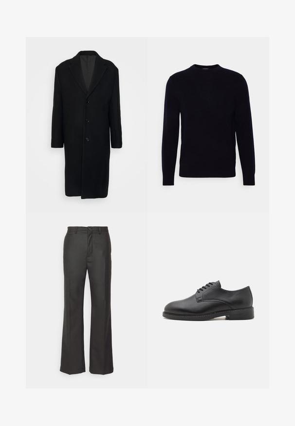 Filippa K LONDON COAT - Manteau classique - black; Pull marin noir à col rond avec des manches longues, fabriqué en tissu doux. Présente une texture lisse et une coupe classique, sans motifs ni accents visibles.; forét Pantalon classique - dark grey; Chaussure oxford en cuir noir avec un bout rond, présentant une finition lisse, un laçage à cinq œillets et un petit talon empilé.
