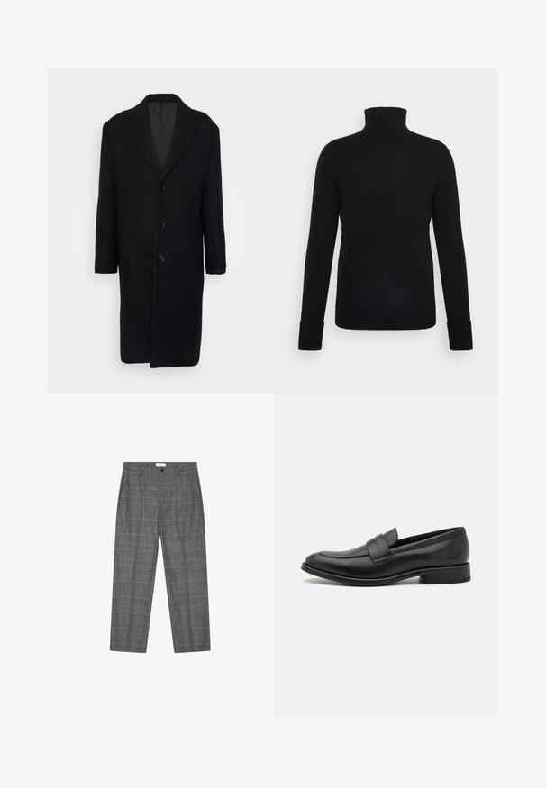 Filippa K LONDON COAT - Mantel - black; FTC Cashmere ROLLNECK - Trui - moonless night; Grijze op maat gemaakte broek met een subtiel ruitpatroon, voorste knoop, riemlussen en zijzakken, plat gelegd op een witte achtergrond.; Zwarte leren loafers met een gladde afwerking, een decoratieve band over de bovenkant, een ronde neus en een lage gestapelde hak.