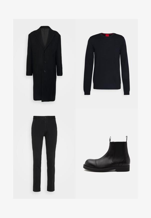 Filippa K LONDON COAT - Klassisk frakke - black; HUGO SAN CEDRIC - Striktrøje - navy; Sorte bomulds chinos med slim fit, der har en standard talje, forlommer og en enkelt baglomme. Glat tekstur og minimal dekoration.; Sort læder Chelsea-støvle med rund tå, elastiske sidepaneler, stropper foran og bagpå, flad sål, vist fra siden på hvid baggrund.
