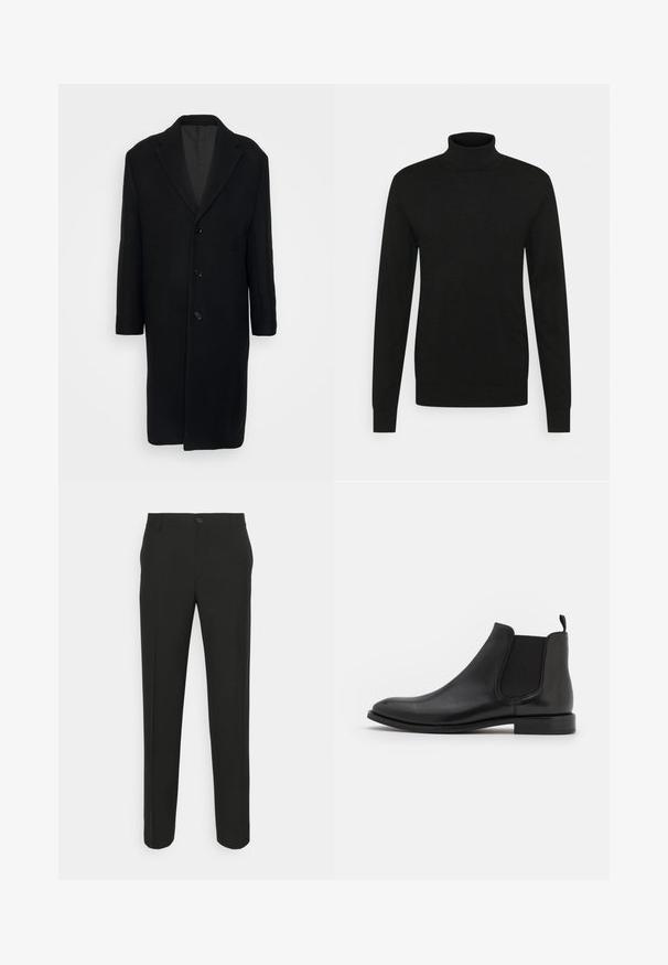 Filippa K LONDON COAT - Klassischer Mantel - black; Schwarzer Rollkragenpullover aus weichem, dehnbarem Material. Lange Ärmel, gerippter Kragen und Bündchen sowie eine figurbetonte Silhouette.; Schwarze, maßgeschneiderte Hose mit geradem Schnitt, ausgestattet mit einem einzelnen Knopfverschluss und Gürtelschlaufen. Glattes, mattes Material ohne Muster.; Schwarze Leder-Chelsea-Stiefel mit elastischen seitlichen Riemen, einer abgerundeten Kappe und einem niedrigen Absatz. Glatte Textur mit minimalistischer Gestaltung.