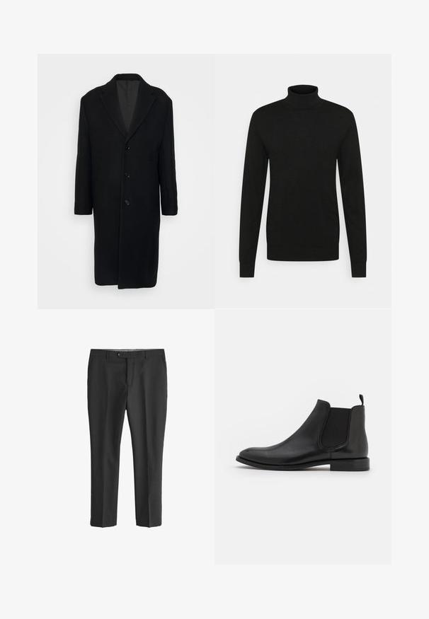 Filippa K LONDON COAT - Mantel - black; Zwarte coltrui gemaakt van zacht, rekbaar materiaal. Lange mouwen, geribbelde kraag en boorden, en een aansluitende pasvorm.; Zwarte broeken van lichtgewicht stof, met een rechte pasvorm, knoopsluiting en voortassen. Vloeiende textuur zonder patronen.; Zwarte leren Chelsea boot met elastische zijpanelen, een ronde neus en een lage hak. Gladde textuur met een minimalistisch ontwerp.