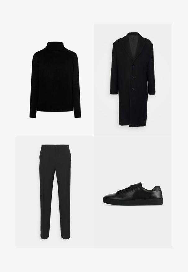 Filippa K LONDON COAT - Klassisk frakke - black; Sort rullekravesweater i ribbet tekstur, med lange ærmer og en tætsiddende silhuet. Har strikdetaljer ved kraven og manchetterne.; Sorte skræddersyede bukser med lige snit, der har en enkelt knaplukning og bæltestropper. Glat, mat stof uden mønstre.; Sort lavtop lædersneaker med sorte snørebånd og en tyk sort sål, vist fra siden på en lysegrå baggrund.