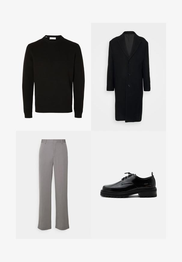 Filippa K LONDON COAT - Klassischer Mantel - black; Schwarzer langärmliger Rundhals-Strickpullover mit gerippten Bündchen und Saum, auf weißem Hintergrund gezeigt.; Tiger of Sweden TREY - Stoffhose - grey shadow; Schwarzer polierter Lederschnürschuh mit dicker Gummisohle und niedrigem Absatz, seitlichem Marken-Schriftzug "SAMSOE" und hinterer Zuglasche.