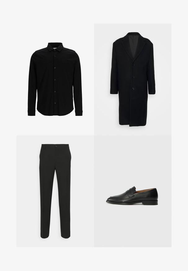 Filippa K LONDON COAT - Abrigo clásico - black; Camisa negra de manga larga hecha de una tela suave, con frente abotonado, cuello y un discreto logo bordado en el pecho.; Pantalones negros ajustados con corte recto, que cuentan con un cierre de un solo botón y trabillas para cinturón. Tejido liso, mate y sin patrones.; Mocasín de cuero negro con punta redonda, detalles de costura sutil y un tacón bajo, que presenta una textura suave y un diseño minimalista.