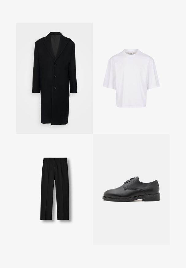Filippa K LONDON COAT - Manteau classique - black; T-shirt blanc à manches courtes avec un col rond et une coupe décontractée, fabriqué à partir d'un tissu en coton mélangé doux. Aucun motif ni embellissement.; Pantalon noir droit avec plis devant, taille boutonnée et poches latérales sur un fond blanc uni.; Chaussure oxford en cuir noir avec un bout rond, présentant une finition lisse, un laçage à cinq œillets et un petit talon empilé.