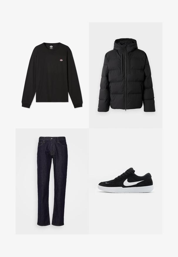 Schwarze Pufferjacke mit Kapuze, ausgestattet mit einem horizontalen Steppmuster, mit Reißverschluss vorne und zwei seitlichen Taschen. Hergestellt aus einem glatten, wasserabweisenden Material.; Schwarzes Langarm-T-Shirt aus Baumwolle mit kleinem, mehrfarbigem Dickies-Logo auf der linken Brustseite und gerippten Bündchen.; GAP STRAIGHT RESIN - Jeans Straight Leg - resin rinse; Schwarze Wildledersneaker mit weißen Akzenten, runder Zehenform, dicker weißer Sohle und schwarzen Schnürsenkeln. Auffälliges weißes Nike-Logo an der Seite.