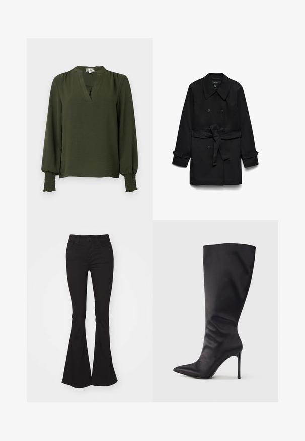 Abrigo trench negro de doble botonadura con cuello ancho, cinturón en la cintura y puños con botones, mostrado plano con las mangas extendidas.; Blusa de manga larga de color verde oscuro con escote en V, hombros fruncidos y puños elásticos fruncidos en las mangas.; Vaqueros negros acampanados de cintura alta, con un cierre estándar de botón y cremallera, dos bolsillos frontales y una tela ligeramente texturizada.; Bota negra hasta la rodilla con tacón de aguja, hecha de material liso y elegante; punta puntiaguda; ajuste ceñido con un sutil fruncido cerca del tobillo; tacón brillante.