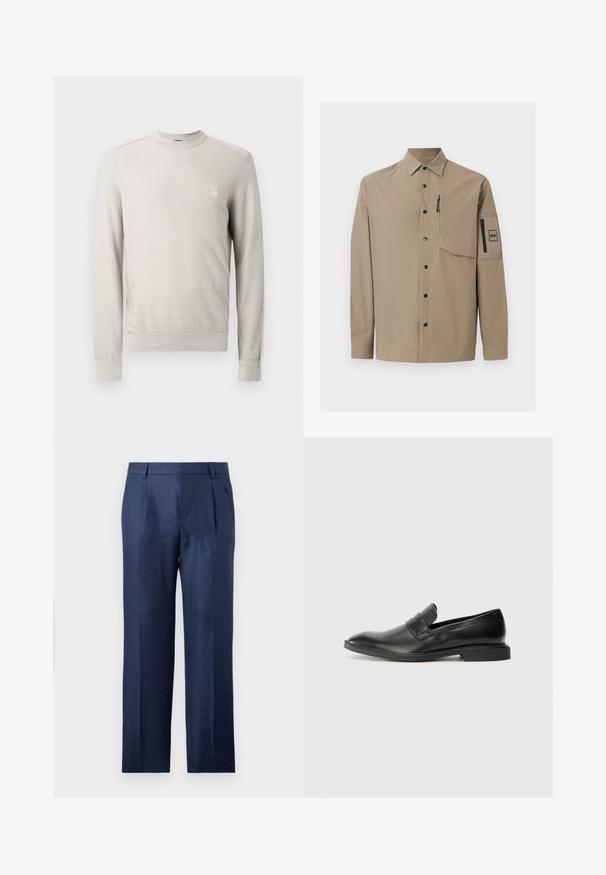 Chemise beige à manches longues avec col, boutons-pression noirs, une poche poitrine zippée et une poche plaquée zippée sur la manche gauche.; Pull beige clair à motif texturé, col rond et poignets côtelés. Présente un petit patch logo sur la poitrine.; Pantalon habillé pour homme bleu marine avec plis, poches latérales, passants pour ceinture et coupe droite.; Mocassins en cuir noir avec une texture lisse, un nez pointu et un petit talon rectangulaire. Présente un détail de bande horizontale sur le dessus.